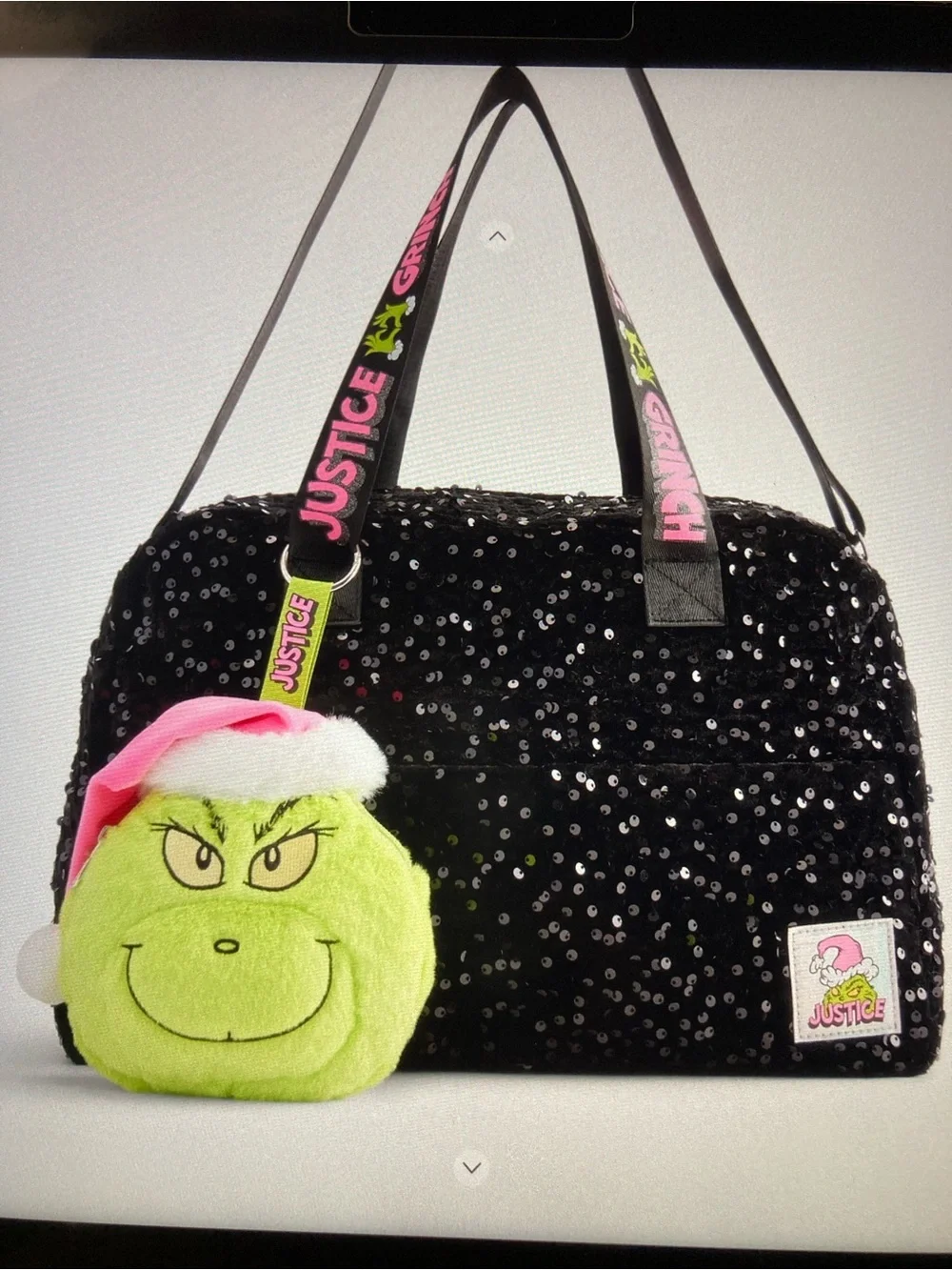 Justice Kids Black Sequin Grinch Tote Bag with Plush Charm